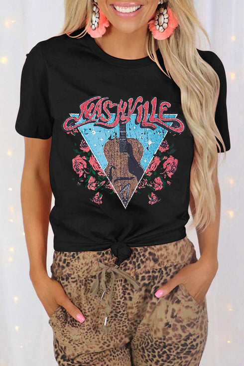 Black Guitar Flower Letter Graphic Print Short Sleeve T Shirt